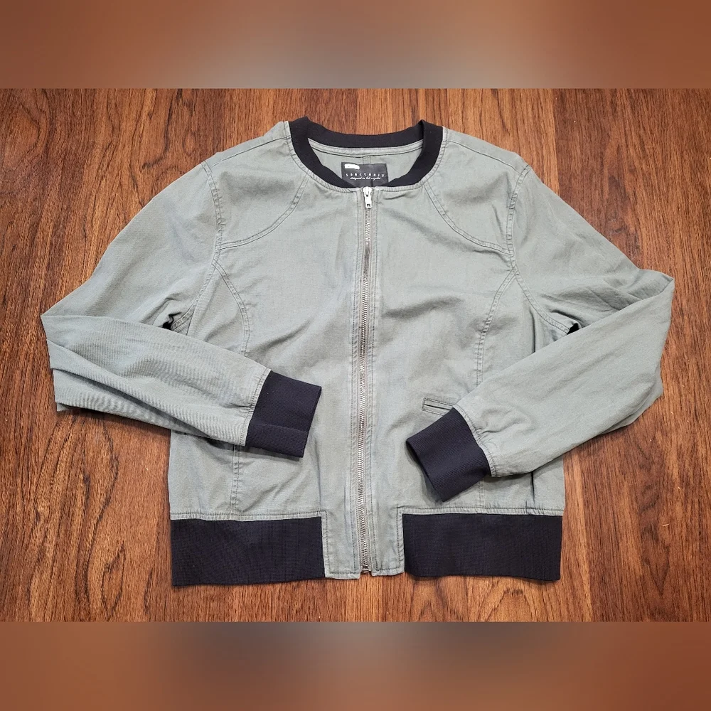 Sanctuary Anthropologie Army Green Bomber Jacket Zip Front Cropped Women's Large